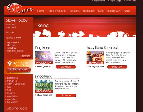 Keno from Virgin Casino
